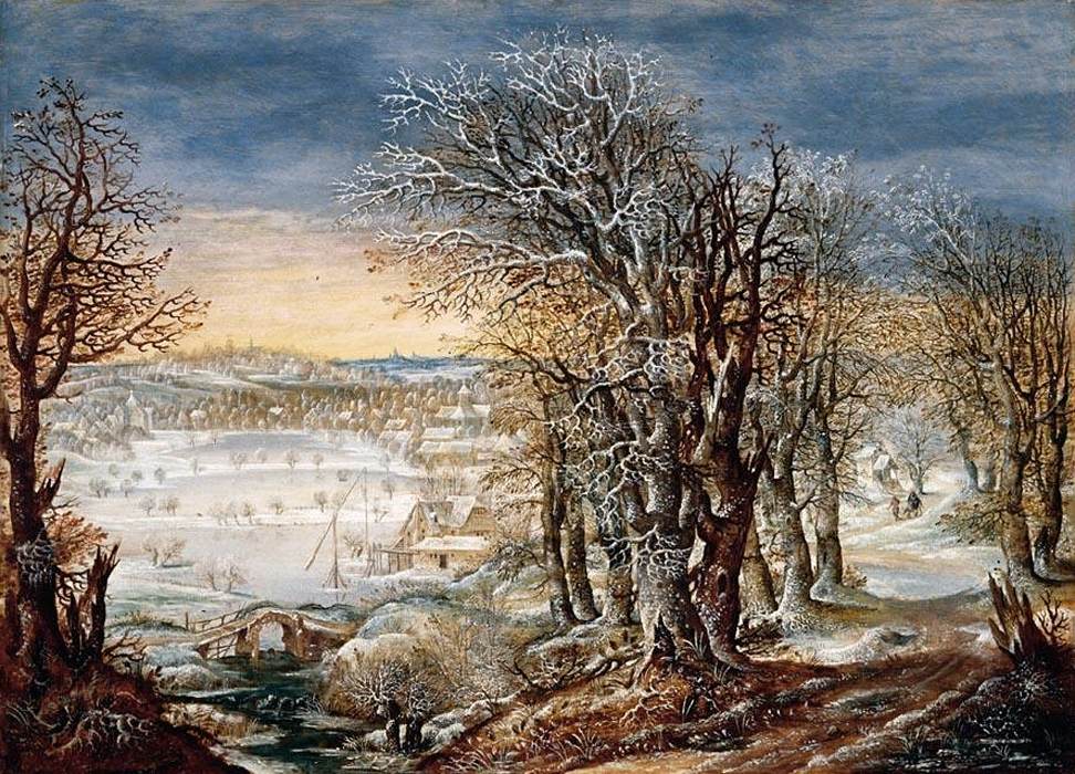 Paysage d'hiver dans la forêt de Soignes avec la Fuite en Égypte