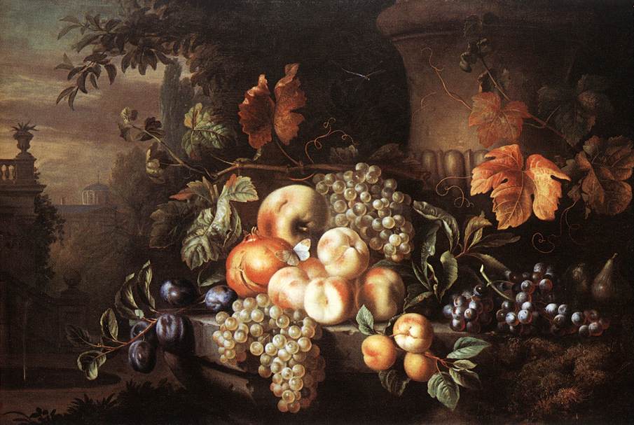 Nature morte de fruits avec vase en pierre