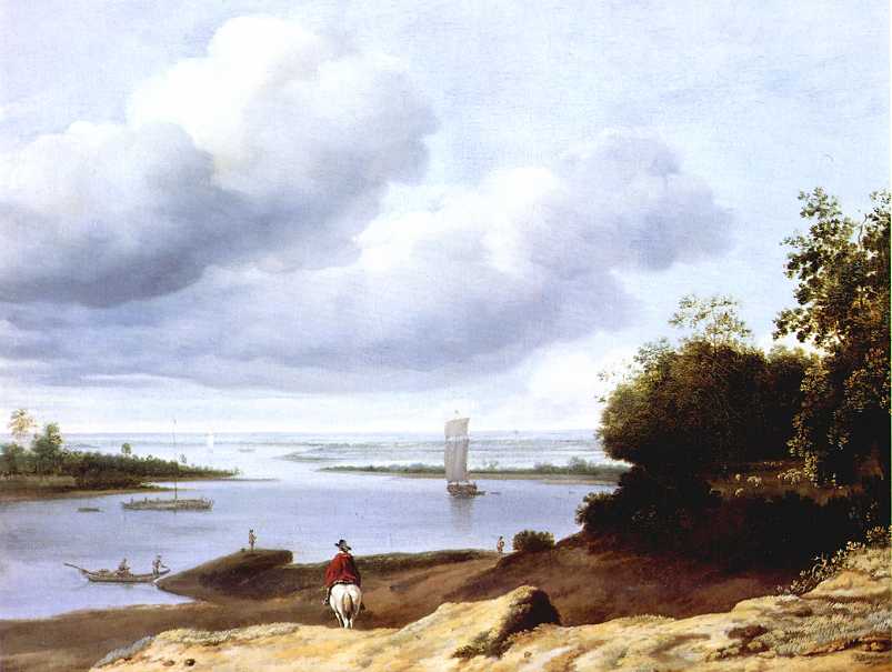 Vue étendue d'un fleuve avec un cavalier
