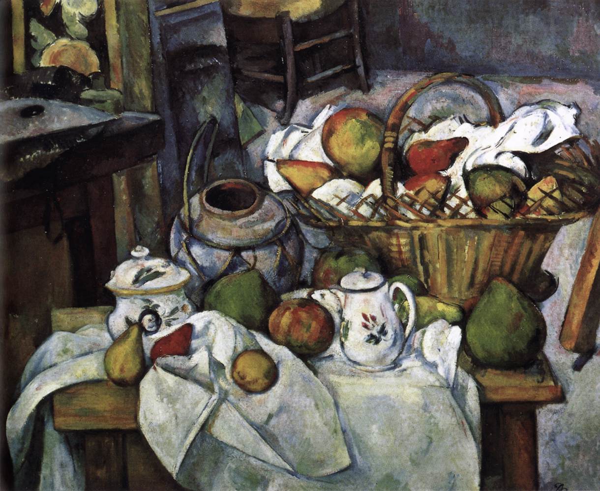 Récipients, panier et fruits (La table de la cuisine)