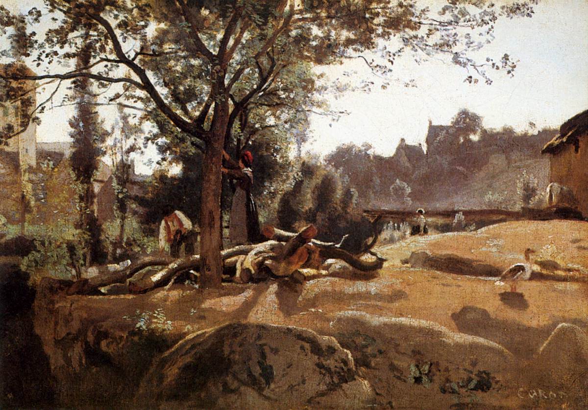 Paysans sous les arbres à l'aube