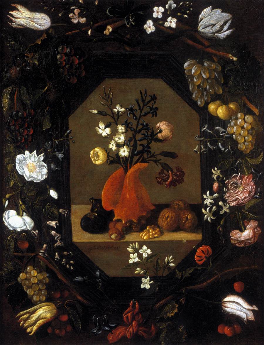 Nature morte de fleurs avec une guirlande de fruits et de fleurs