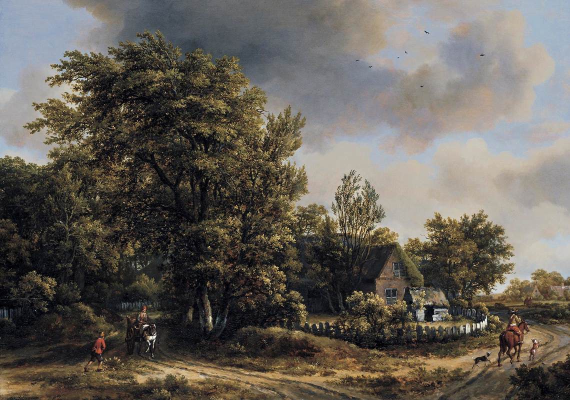 Paysage boisé avec voyageurs