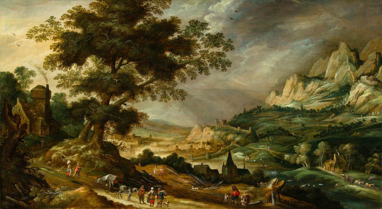 Paysage montagneux avec des voyageurs