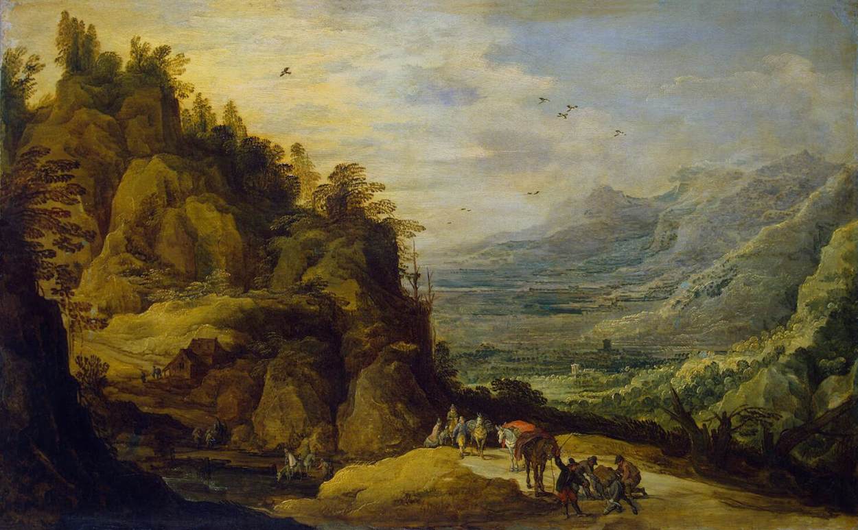 Paysage montagneux avec des personnages et un âne