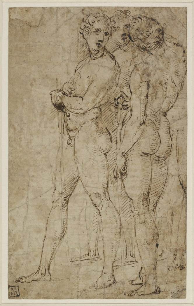 Trois hommes nus debout