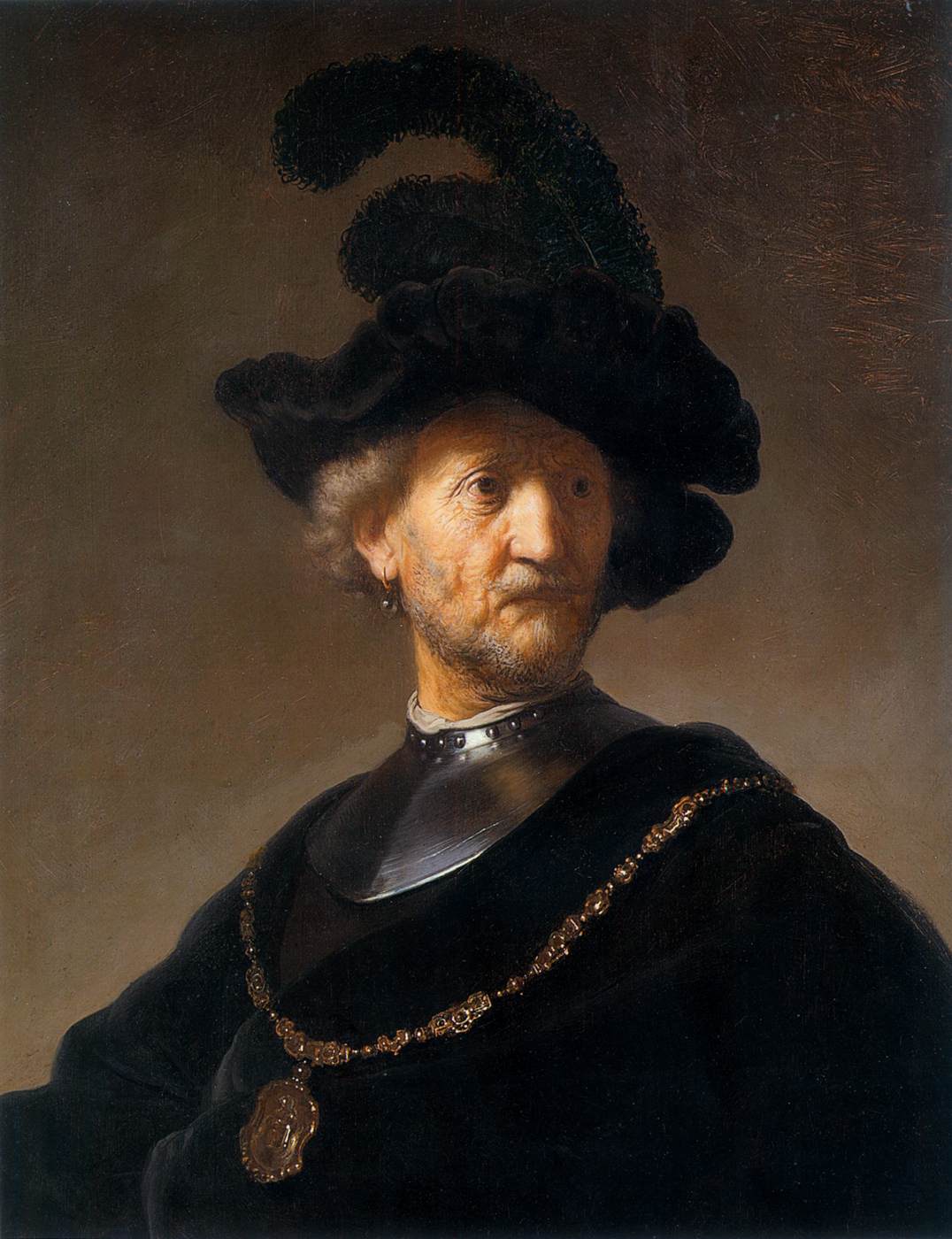 Vieil homme au chapeau noir et au gorgerin (détail)