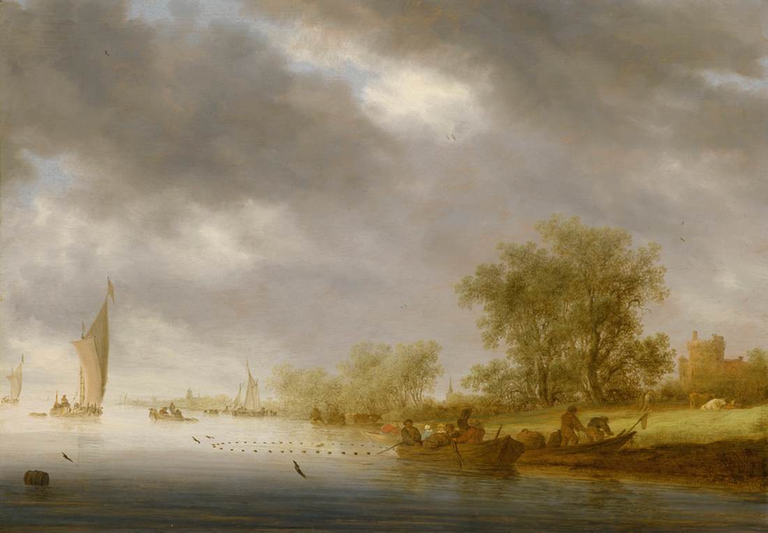 Paysage fluvial avec une ville et une tour fortifiée