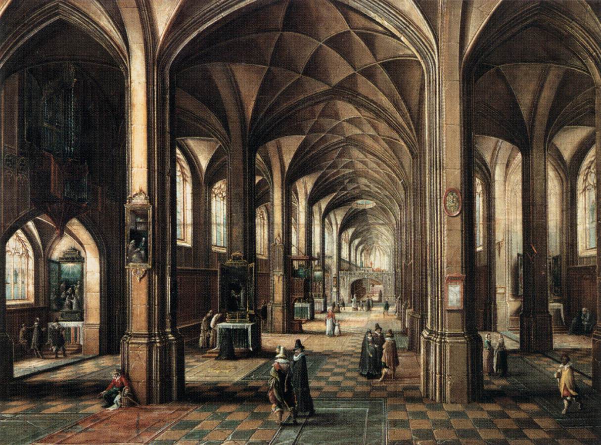 Intérieur d'une église avec une famille au premier plan