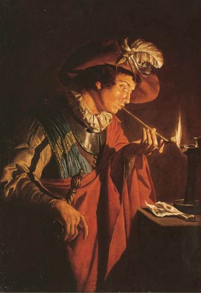 Cavalier allumant sa pipe à la lampe à huile