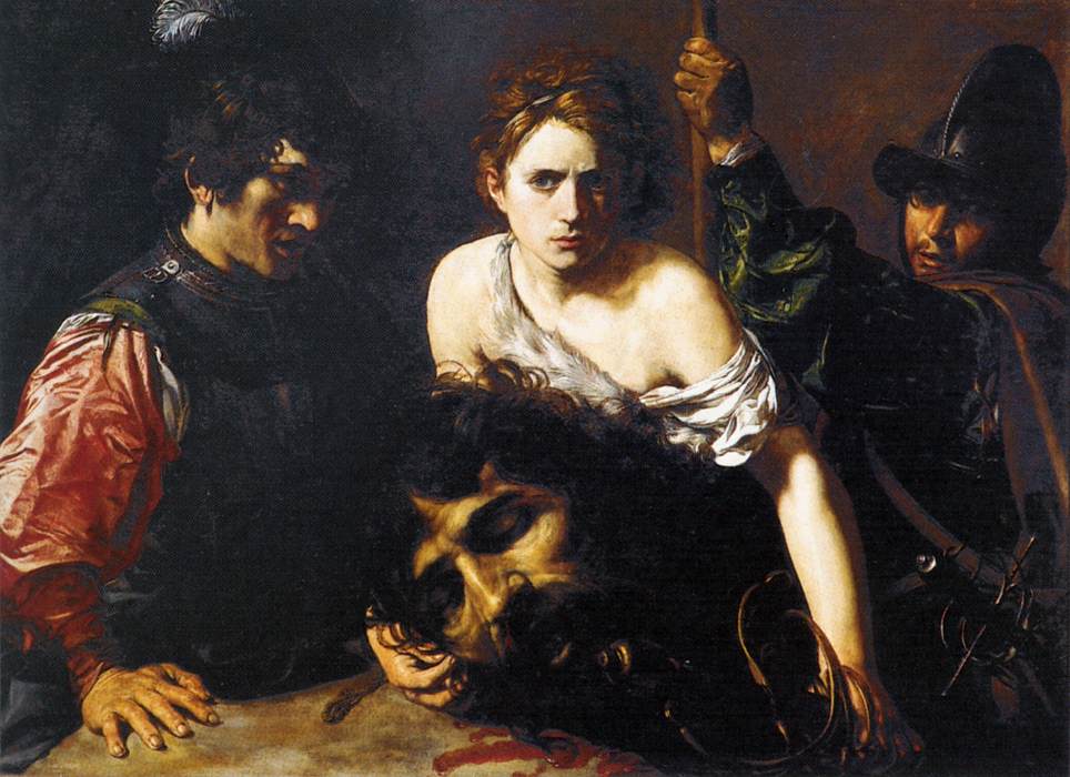 David avec la tête de Goliath et deux soldats