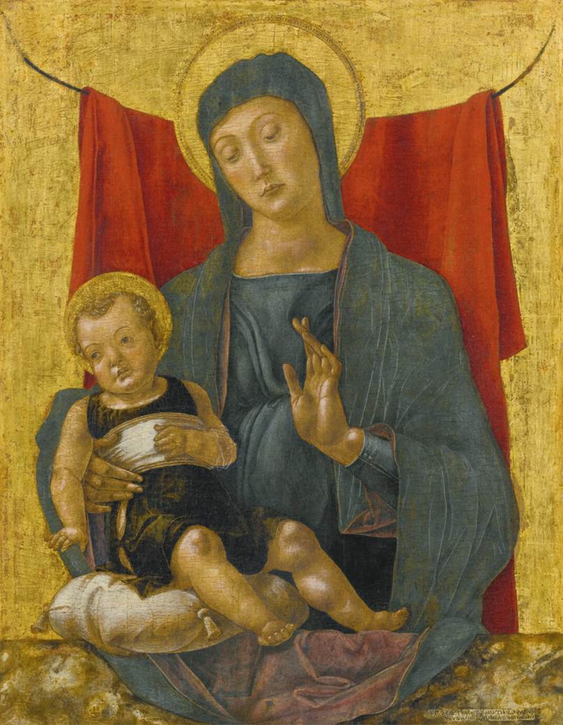Vierge à l'Enfant devant un rideau rouge