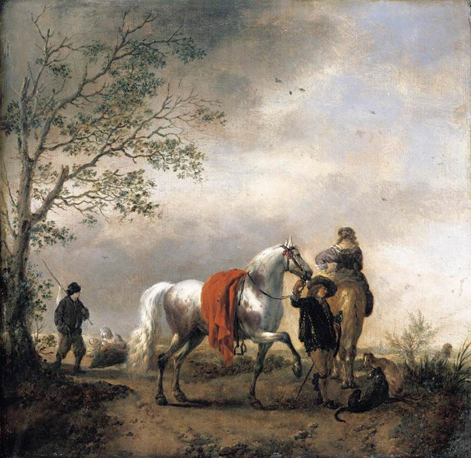 Cavalier tenant un cheval gris pommelé