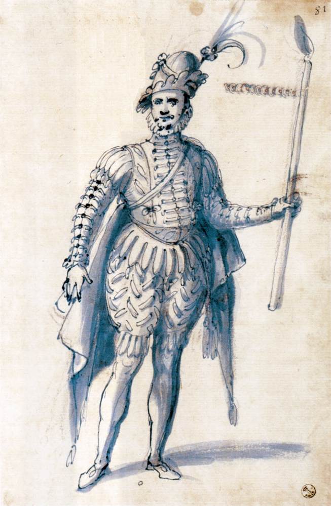 Dessin de costume pour une figure masculine tenant une torche