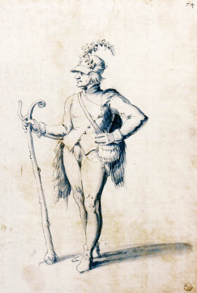 Dessin de costume pour une figure masculine tenant un bâton