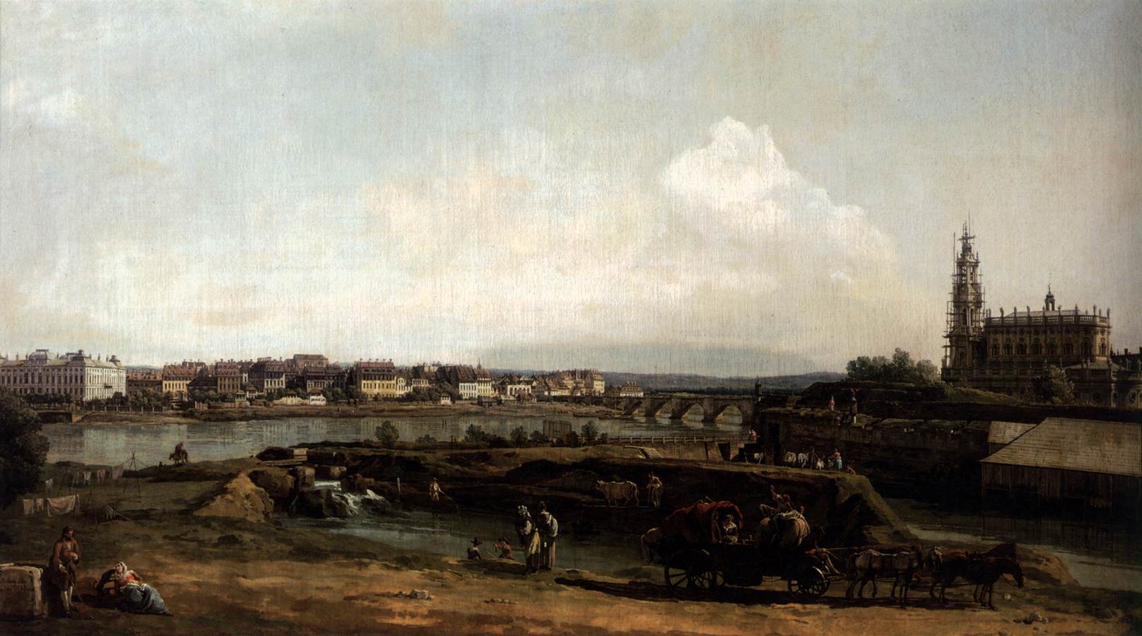 Dresde depuis la rive gauche de l'Elbe en contrebas des fortifications