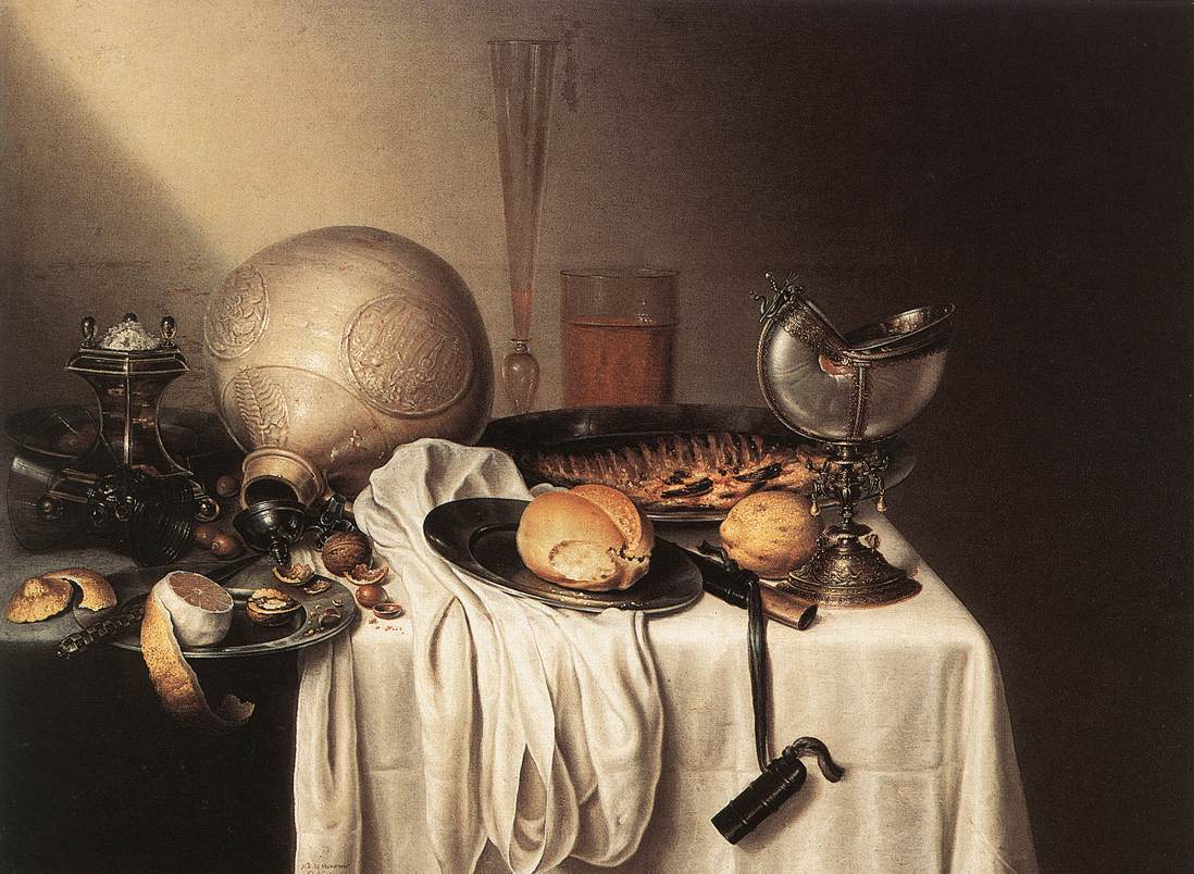 Nature morte avec une cruche ornée d'un homme barbu et une coupe en coquille de nautile