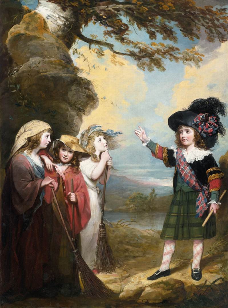 Quatre enfants jouant Macbeth et les trois sorcières