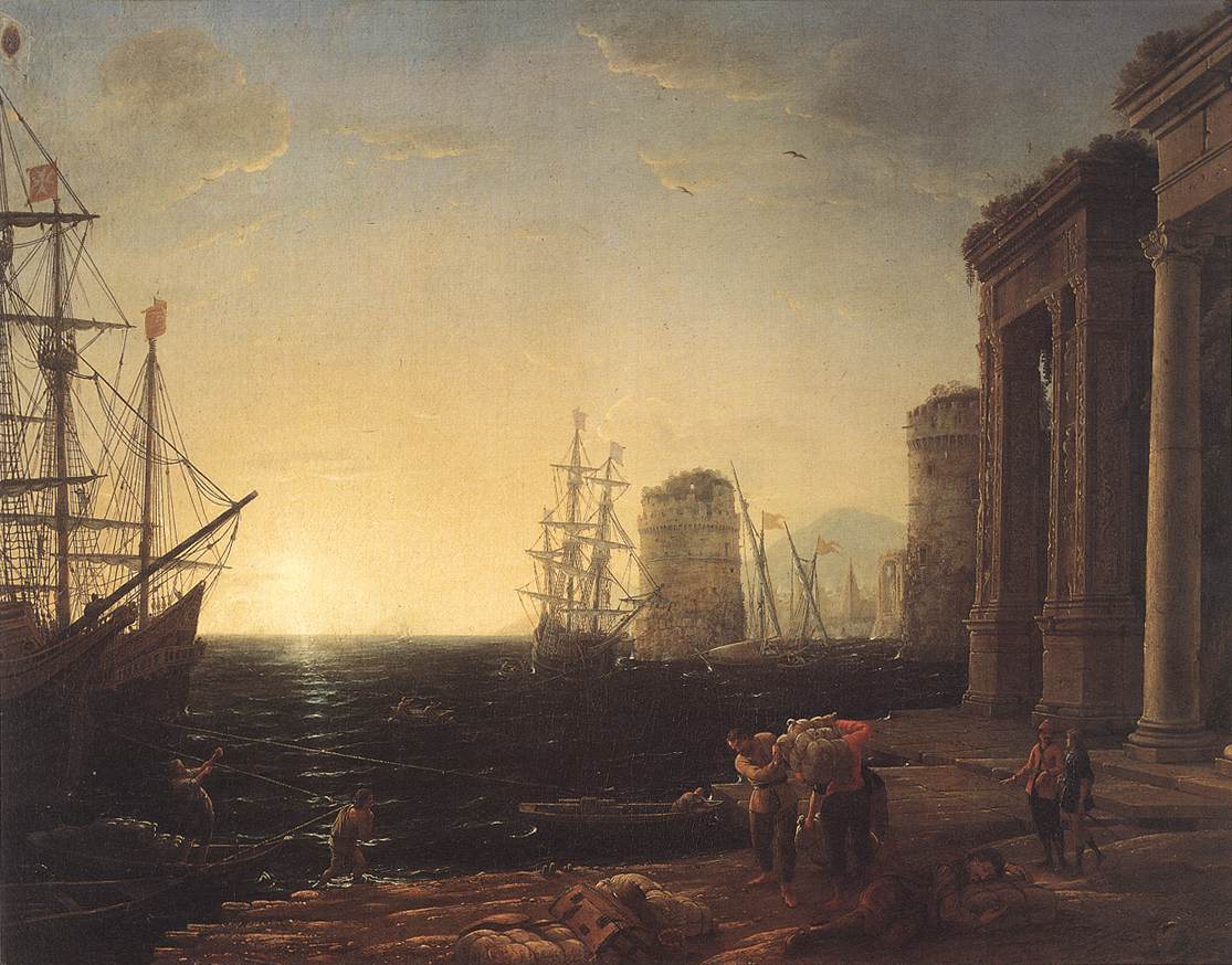 Scène de port au coucher du soleil