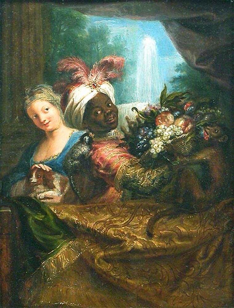 Jeune homme noir tenant un panier de fruits et jeune femme caressant un chien