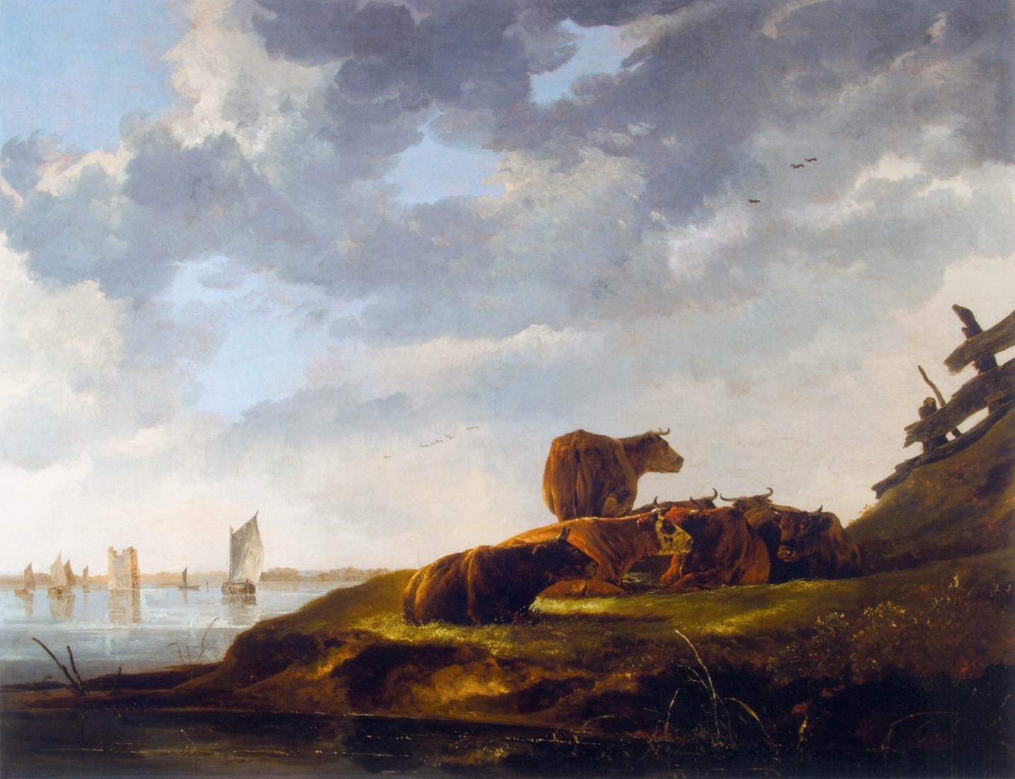 Paysage fluvial avec sept vaches