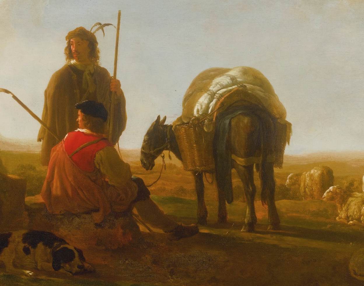 Deux bergers avec une mule et un chien dans un paysage vallonné (détail)
