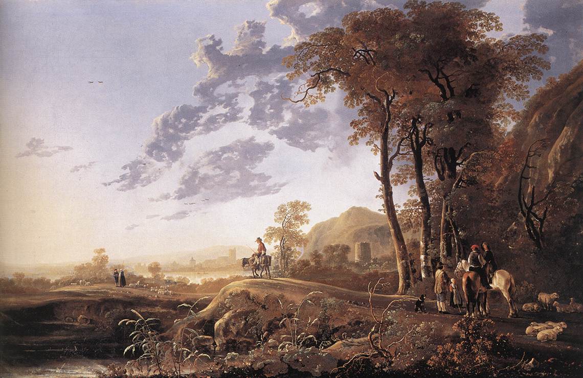 Paysage du soir avec cavaliers et bergers