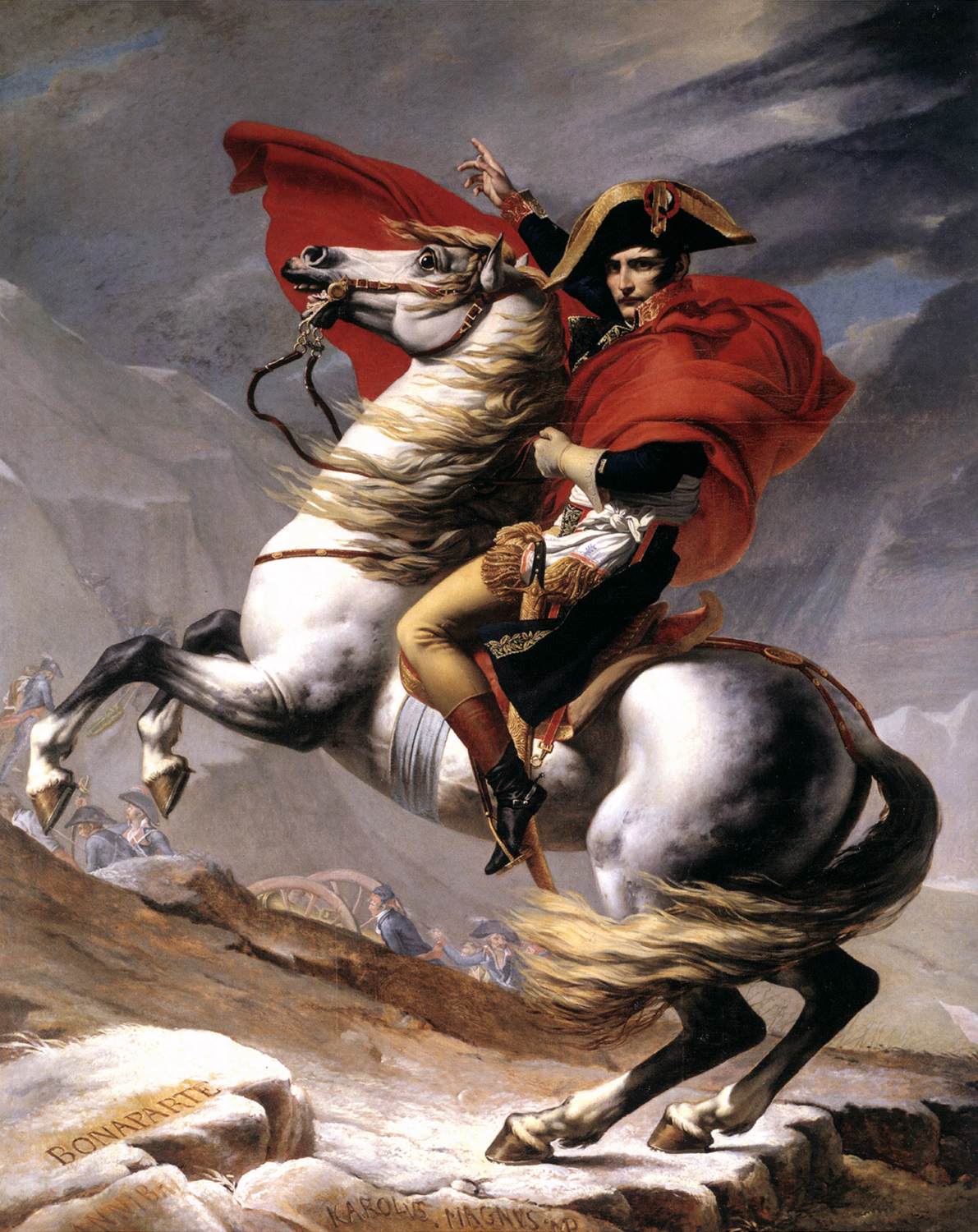 Bonaparte calme sur un coursier fougueux traversant les Alpes