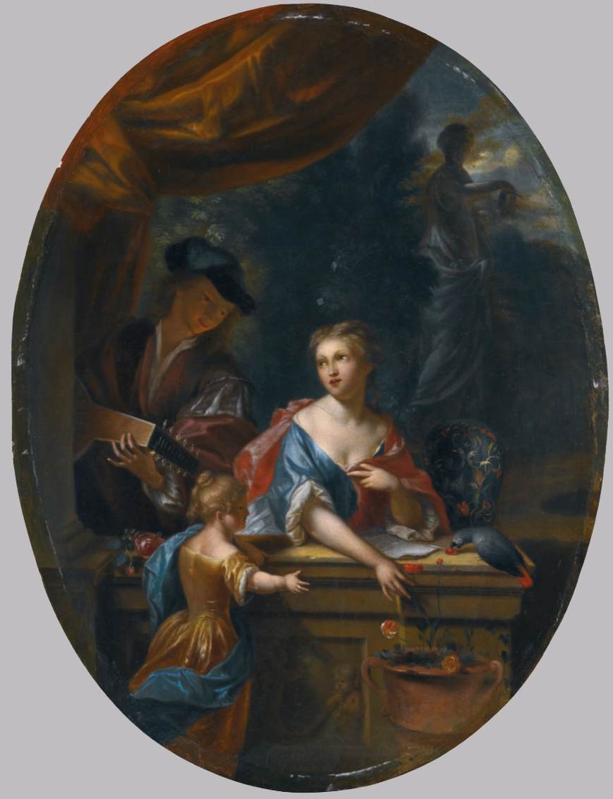 Une dame et un enfant près d'une balustrade