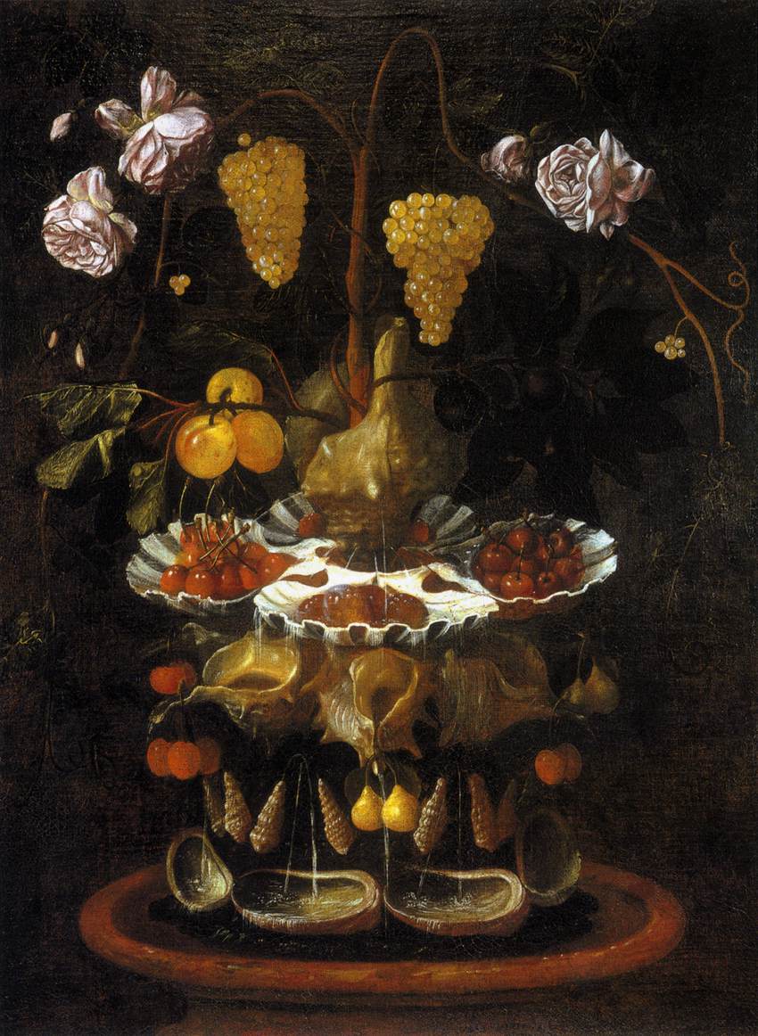 Nature morte avec une fontaine en coquillage, des fruits et des fleurs