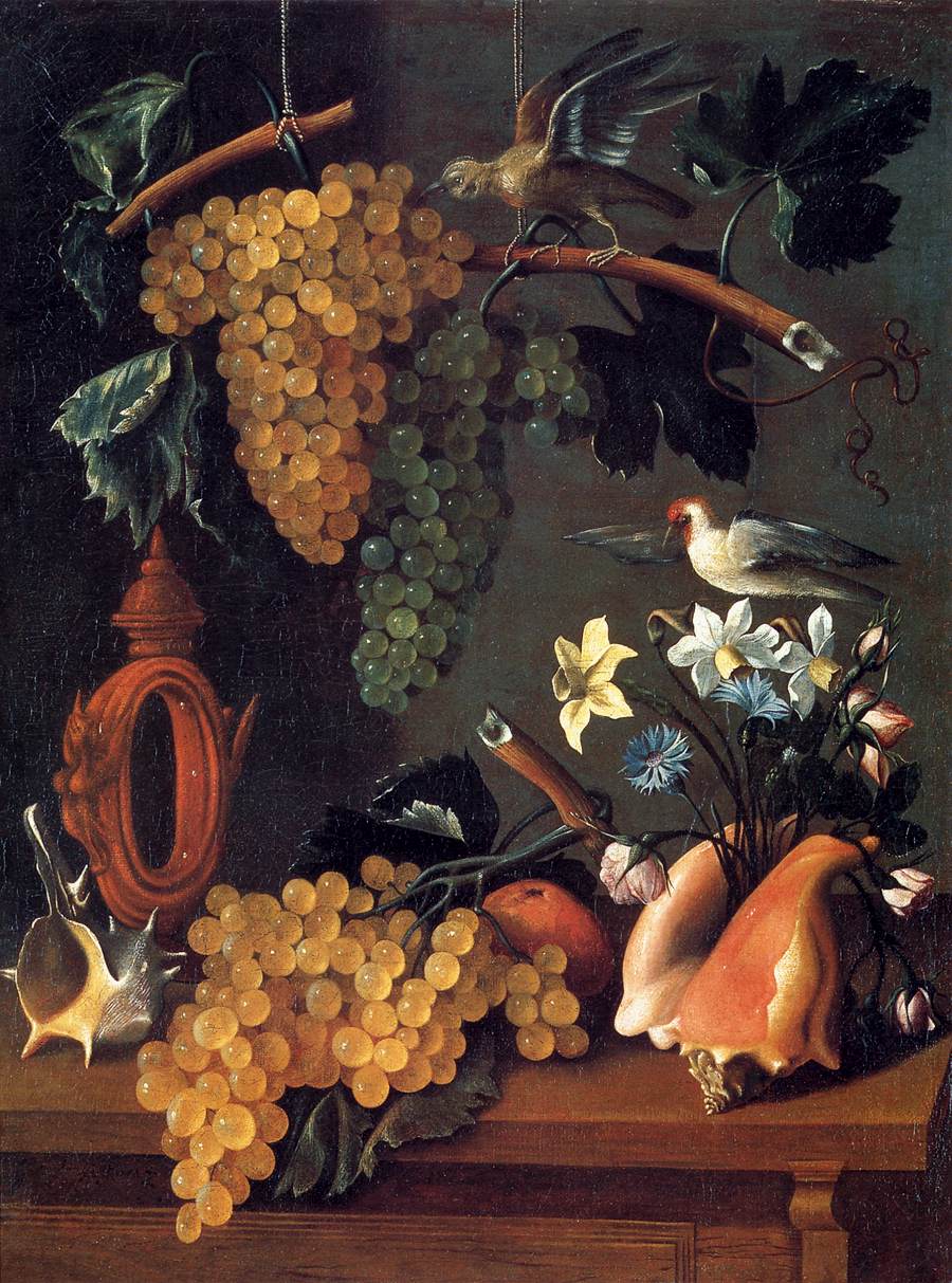 Nature morte aux raisins, fleurs et coquillages