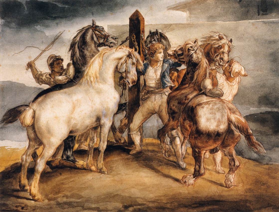 Marché aux chevaux : cinq chevaux aux piquets
