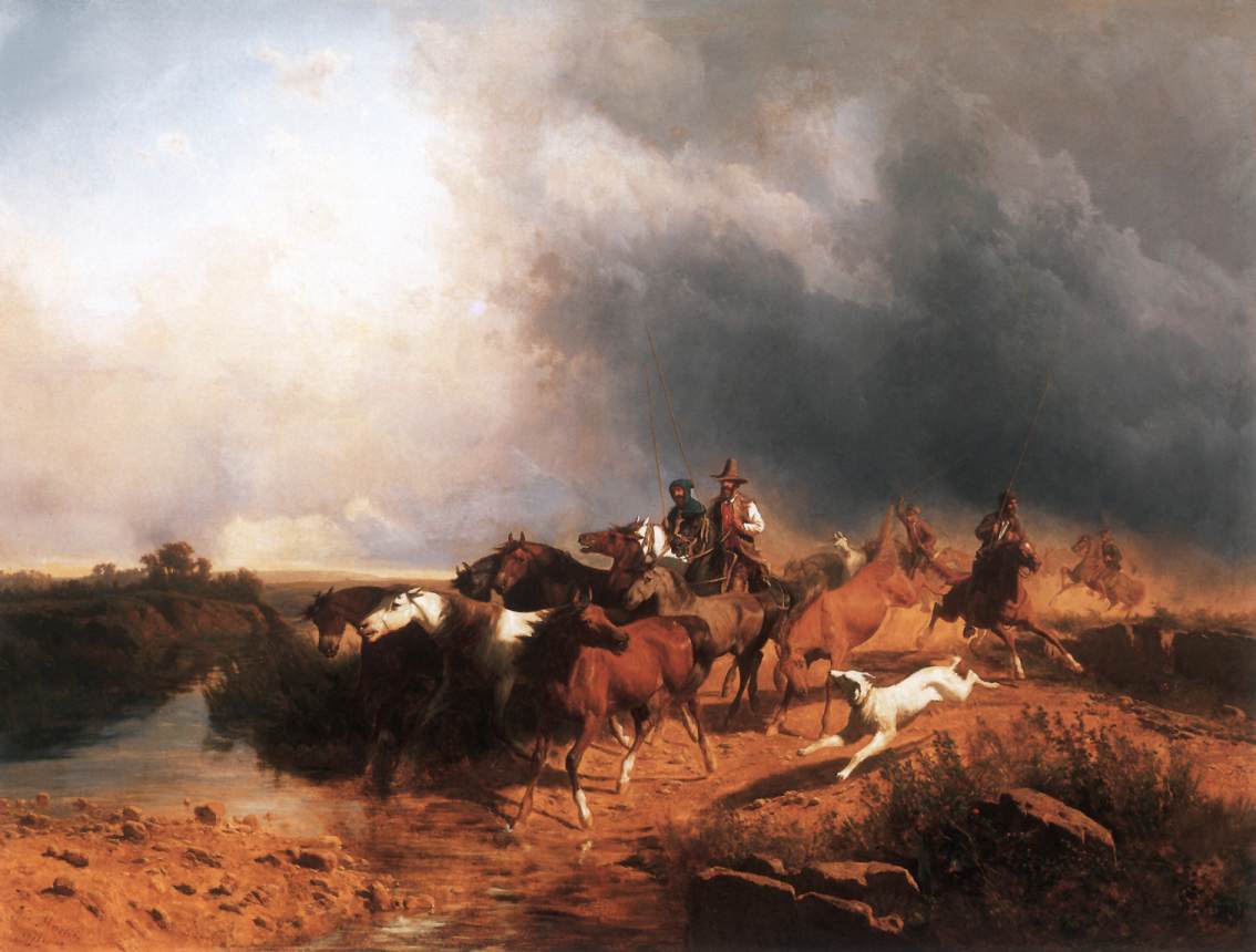 Paysage italien avec chevaux au galop
