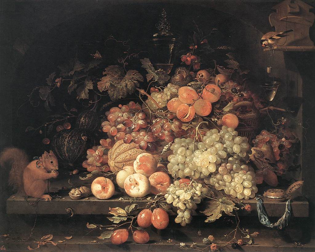 Nature morte de fruits avec un écureuil et un chardonneret