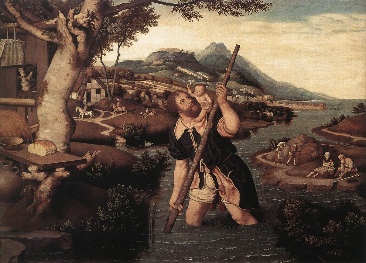 Paysage de rivière vallonné avec saint Christophe