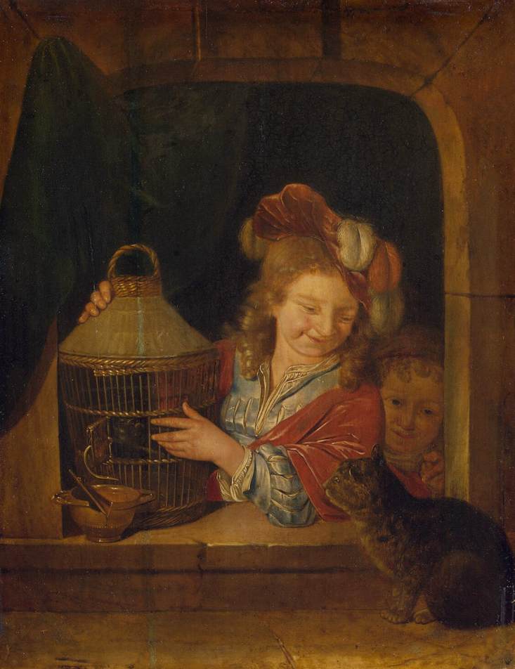 Enfants avec une cage et un chat