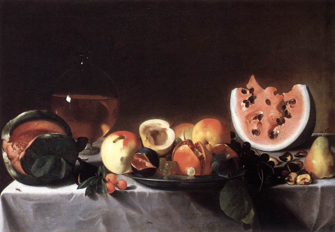 Nature morte avec des fruits et une carafe de vin blanc