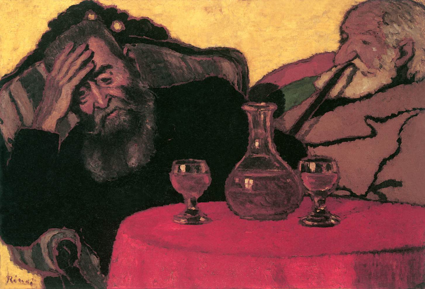 Le père et l'oncle Piacsek buvant du vin rouge