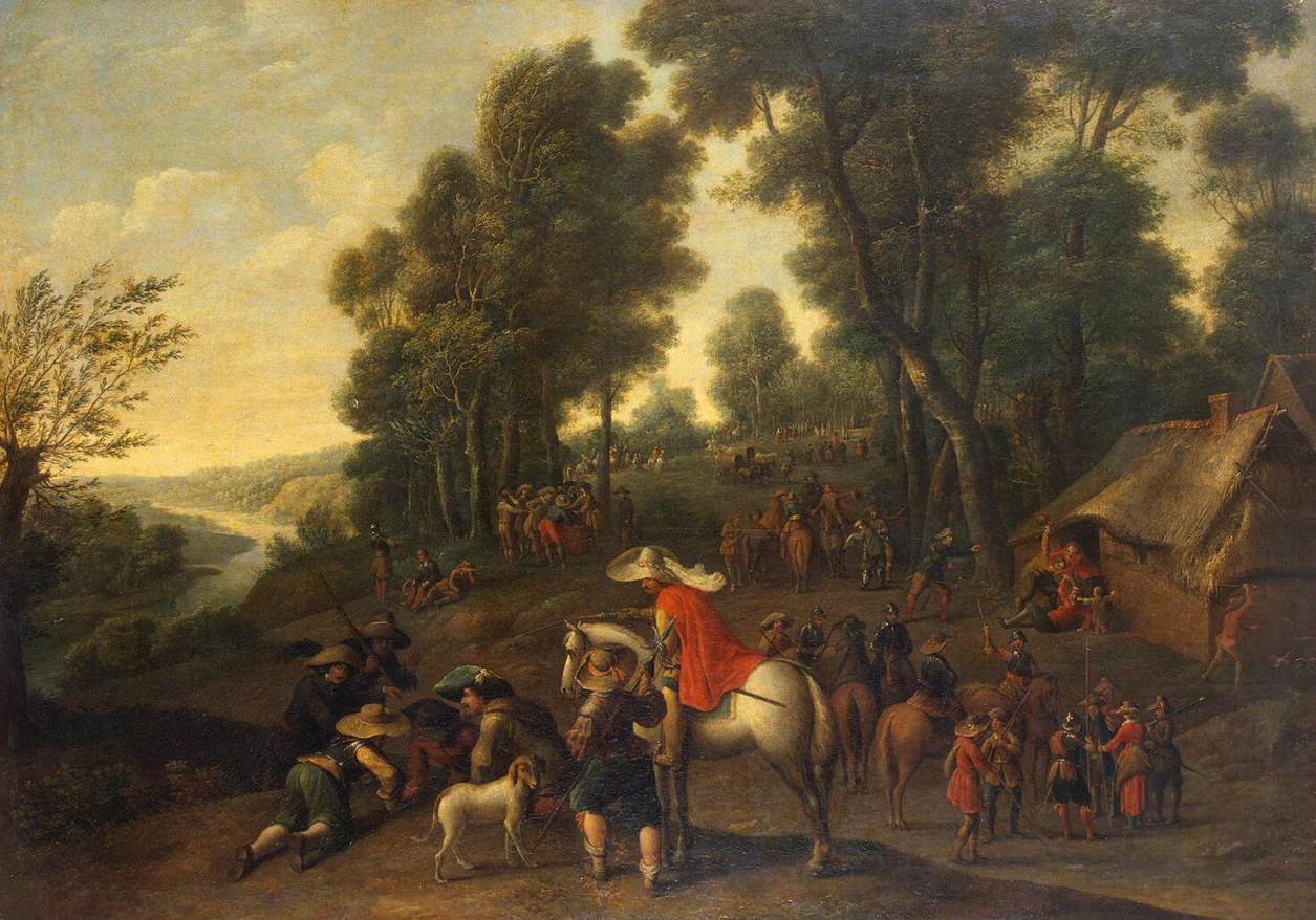 Halte de cavaliers dans une forêt