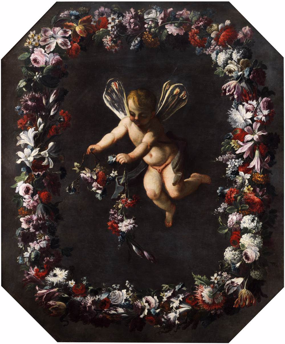 Putto aux ailes de libellule dans une guirlande