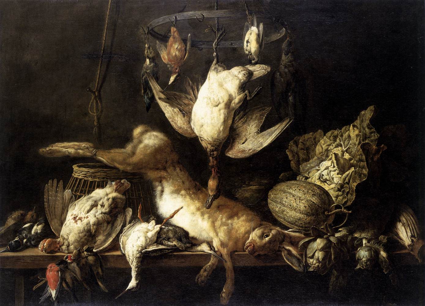 Nature morte avec lièvre et oiseaux sur un anneau