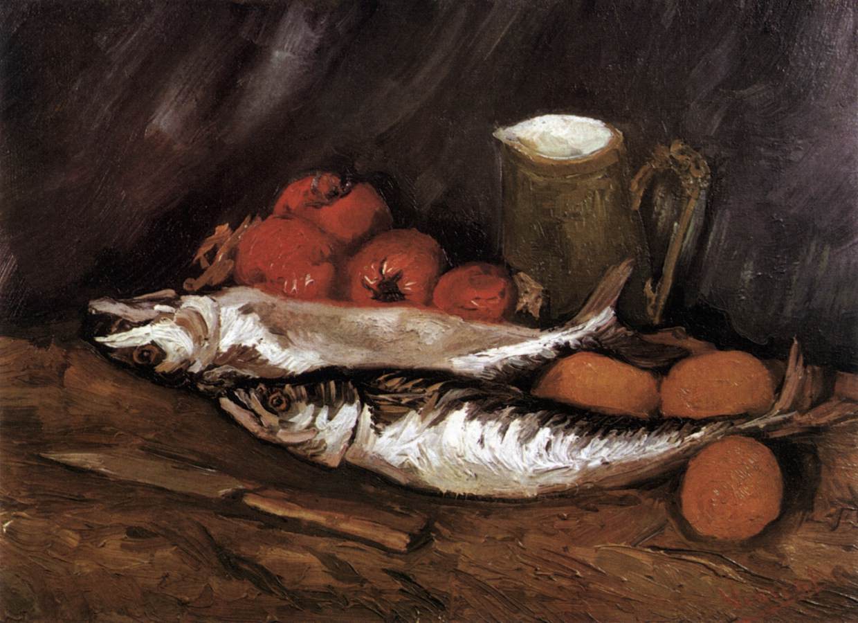 Nature morte avec maquereaux, citrons et tomates