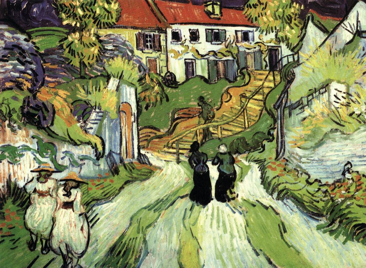 Rue de village et escaliers à Auvers avec des personnages