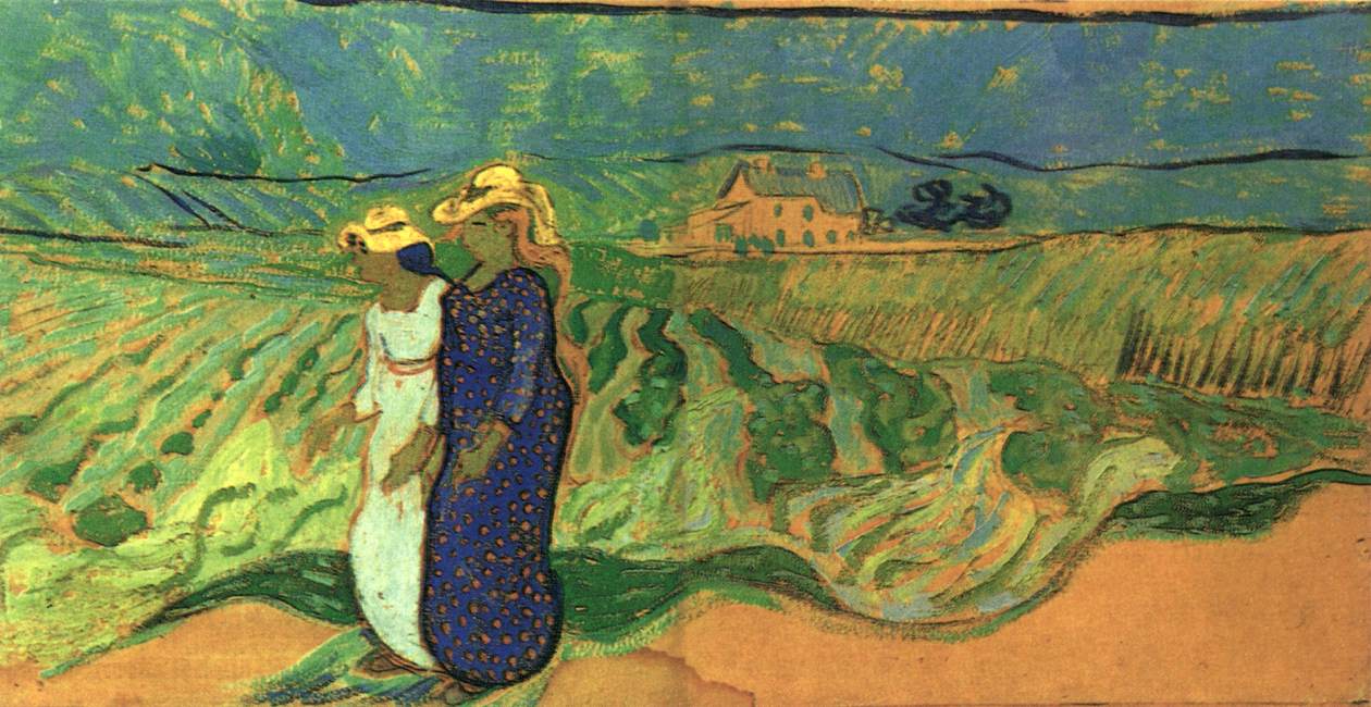 Deux femmes traversant les champs