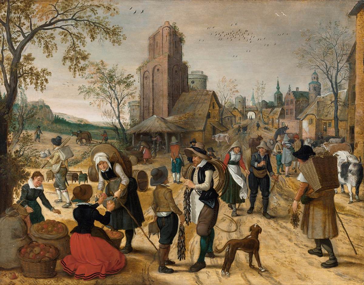 Scène de marché automnale au cœur d'un village